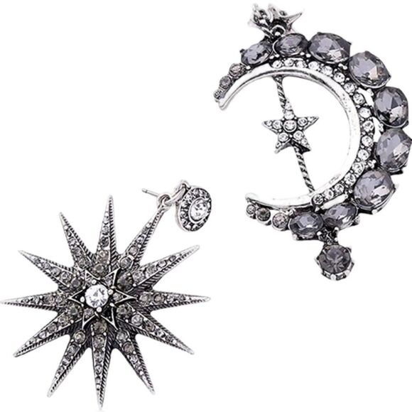 Star Crescent Moon Mismatched Silver Tone Smoky Crystal Dangle Earrings NWT - Picture 5 of 12